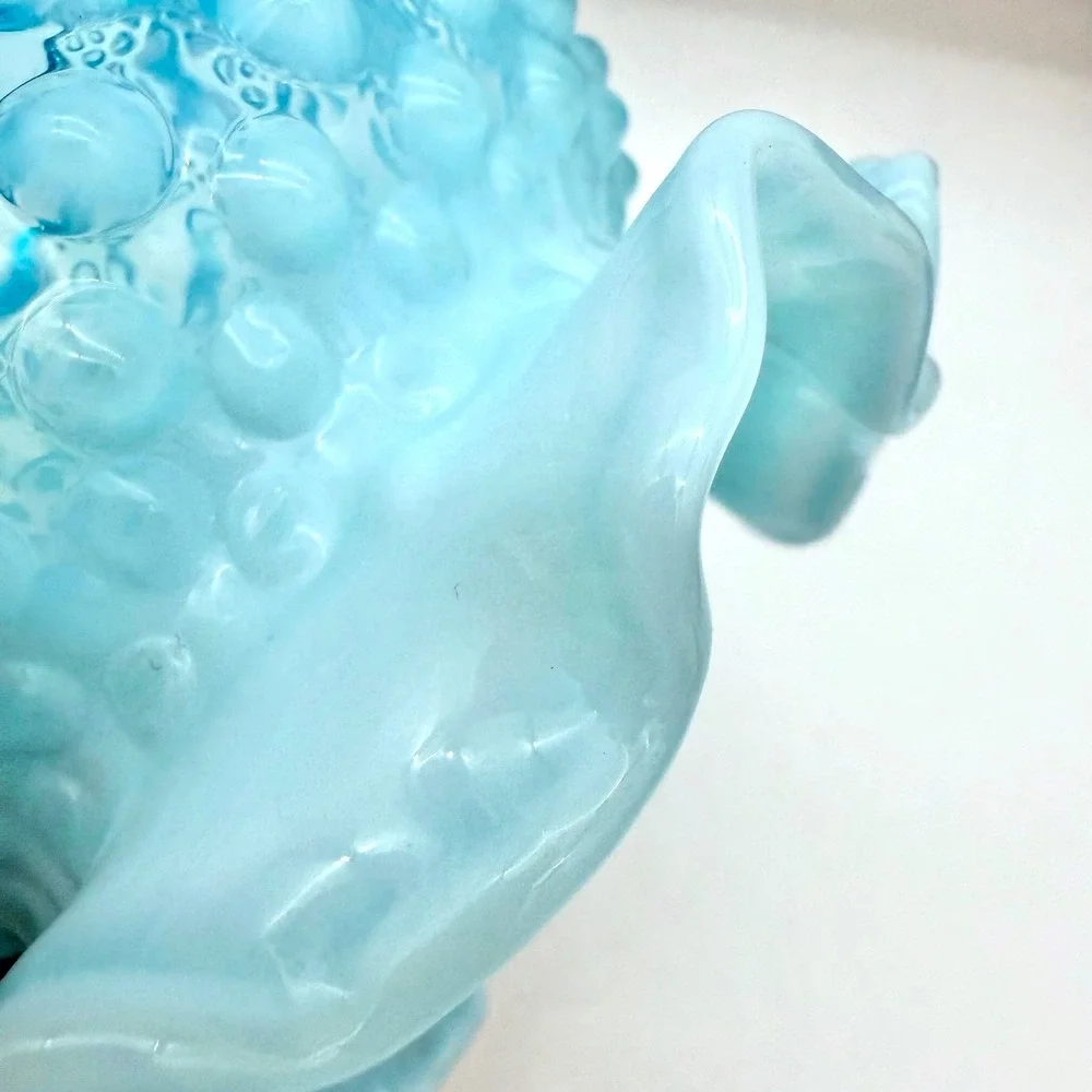 Fenton Home Vase 4.5in Glass Mid-Century Blue Opalescent Hobnail Ruffled